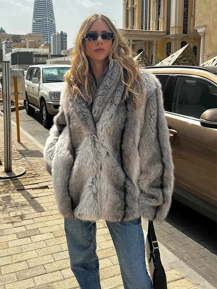 Elegant Printed Faux Fur Coats For Women Chic V Neck Long Sleeve Winter Jackets Ladies Warm Fashion Outerwears 251029