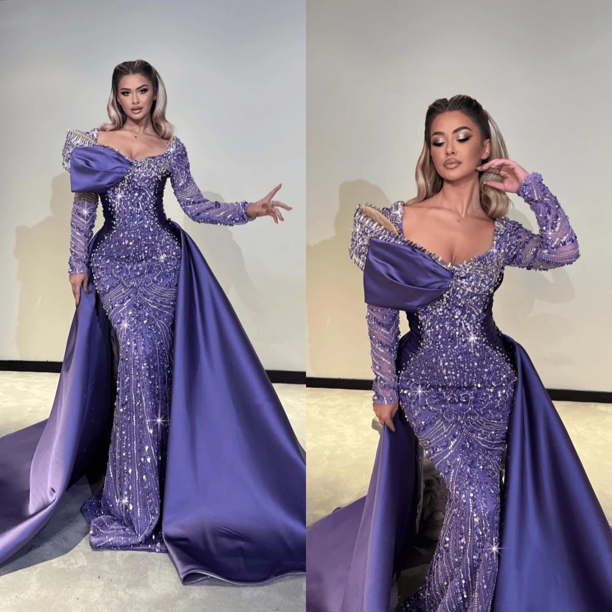Vintage Beads Sequined Prom Dresses Sexy Crystal Long Sleeve Evening Dress Floor Length Party Gown Customized