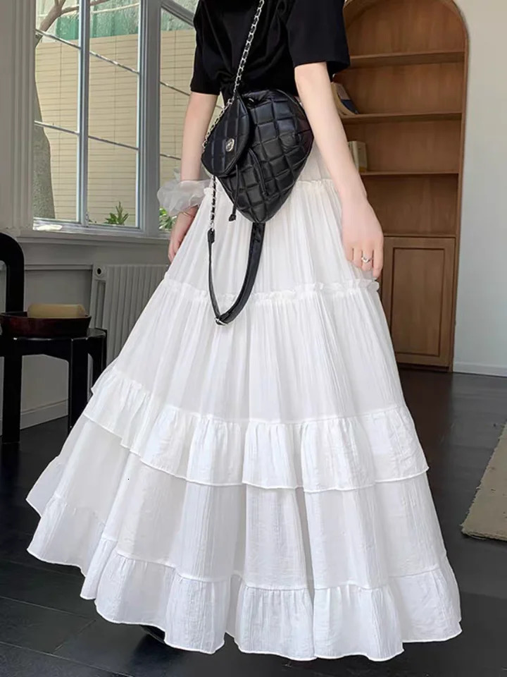 White Tiered Ruffle Hem Skirt 2025 High Waist Flowy ALine Maxi Skirt Summer Chiffon Layered Skirt with Pleats 251028