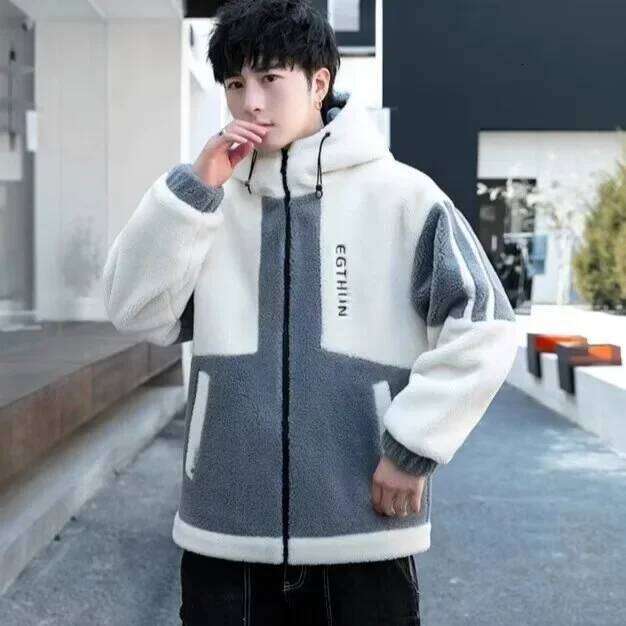 Men's Thickened Lamb Veet Jacket Winter Hooded Particle Cotton Clothes Student Fashion Brand Inner Fleece Coat