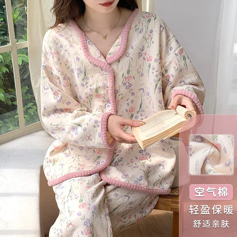 Womens Winter Pajama Set Layered Cotton with Pink PipingFloral Print Lightweight Warmthair Cotton Homewear Thermal Pajamas 251029