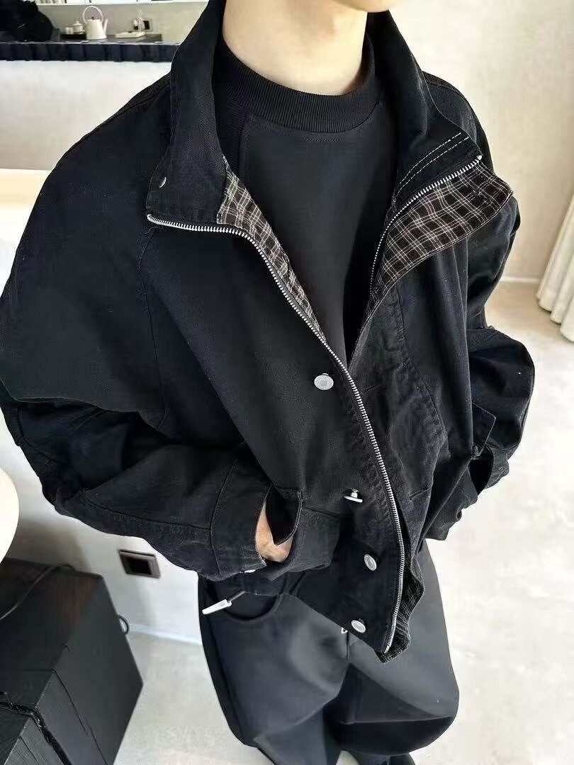 Vintage Distressed Denim Short Jacket For Men Autumn New Movie Style Loose Designer Coat Casual Stand Collar Jacket