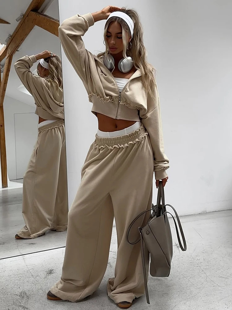 Weird Puss Casual 2Piece Set Women Tracksuit Sporty Zip Patchwork Hooded Crop JacketStraight Pants Matching Streetwear Outfits 251029