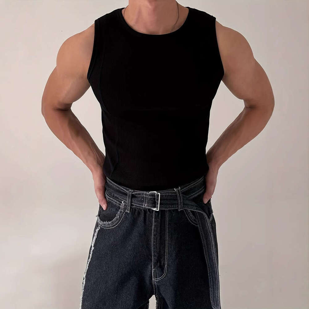 Summer Knitted Vertical Striped Fitness Sports Casual Slim Fit Tank Top Men's Sleeveless Wide Shoulder Vest Men