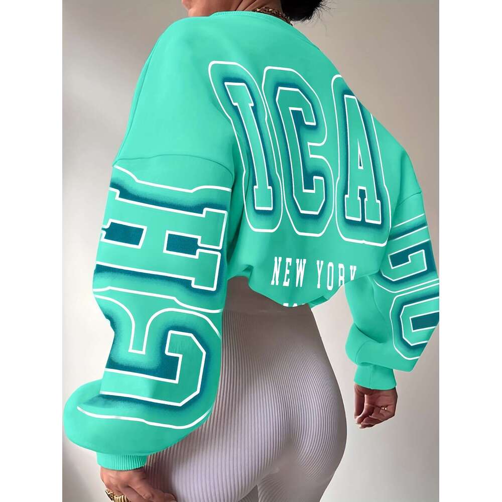 Women's Oversized Graffiti Letter Print Sweatshirt - Bold "New York" Graphic In Teal & Black, Crew Neck Casual Pullover, Hine Washable 