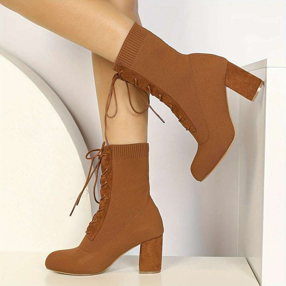 Women's High Heeled With Heels Fly Woven Uppers, Tied Straps, Thick Heels, Round Toe, Midsole Boots Are Fashionable And Suitable For Daily Wear