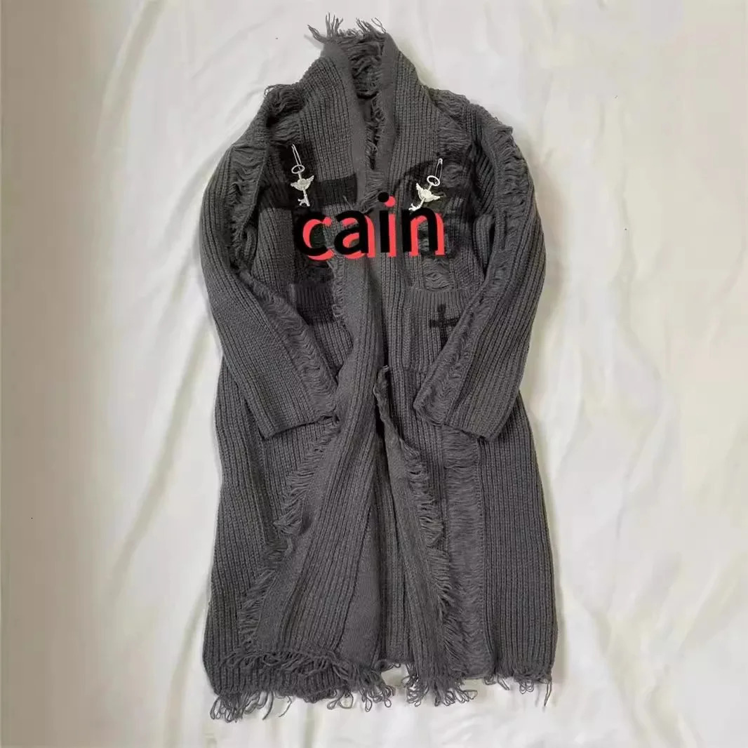 Y2k American Retro Dark Vintage Cardigan Sweater with Holes Men and Women Fashion Torn Punk Mid Length Knitted Jacket 251029