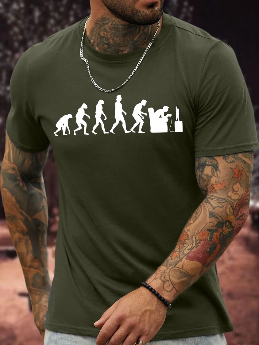 European & American Oversized Men's Gaming Evolution Funny Graphic Print Cotton Casual Text T-Shirt - TT7306