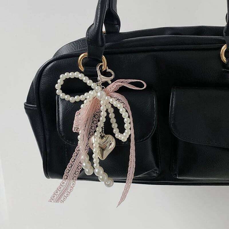 2025 New Sweet Pearl Bow Heart Lace Car Keychain Korean Y2k Beauty Girl Bag Pendant Accessory Gift Best Seller