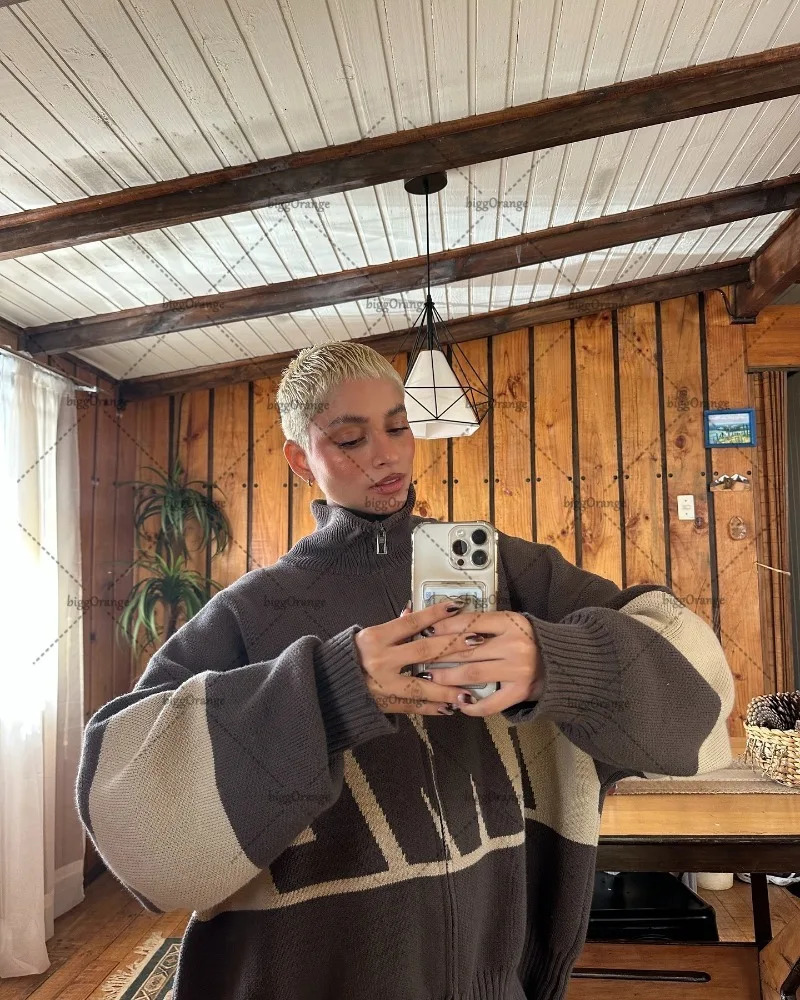 Letter Embroidery Hip Hop Harajuku Oversized Double Zipper Cardigan Men Casual Y2K Streetwear Trendy Vintage Loose Sweater Women 251029