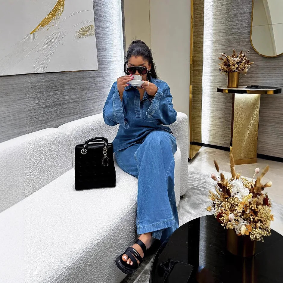 Denim Pant Set Women Two Piece Sets Matching Sets Streetwear Casual Loose Shirt Wide Leg Long Pants High Waist Y2k Mom Jeans 251029