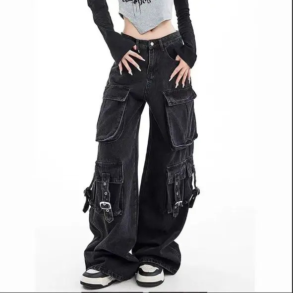 Black Gothic Punk MultiPocket Zipper Denim Jeans Men And Women Y2K American Baggy Fashion High Waist Loose WideLeg Jeans 251029