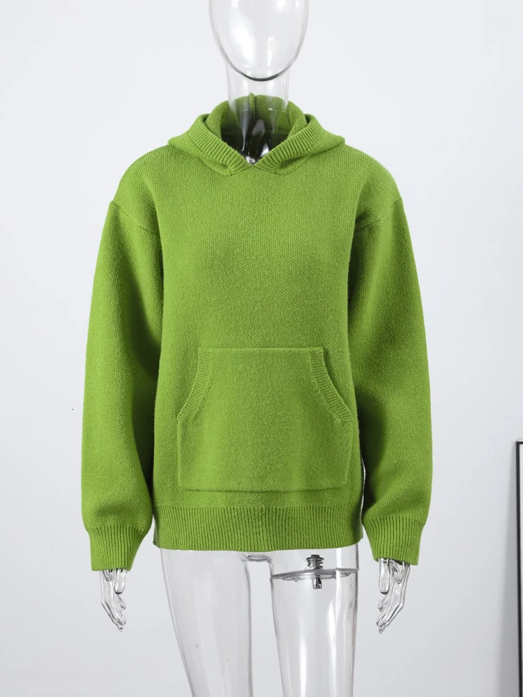 Casual Hooded Sweater Pullover Womens Loose Full Sleeves Knitted Coats With Pockets Autumn Winter Ladies Solid Outwear 251027