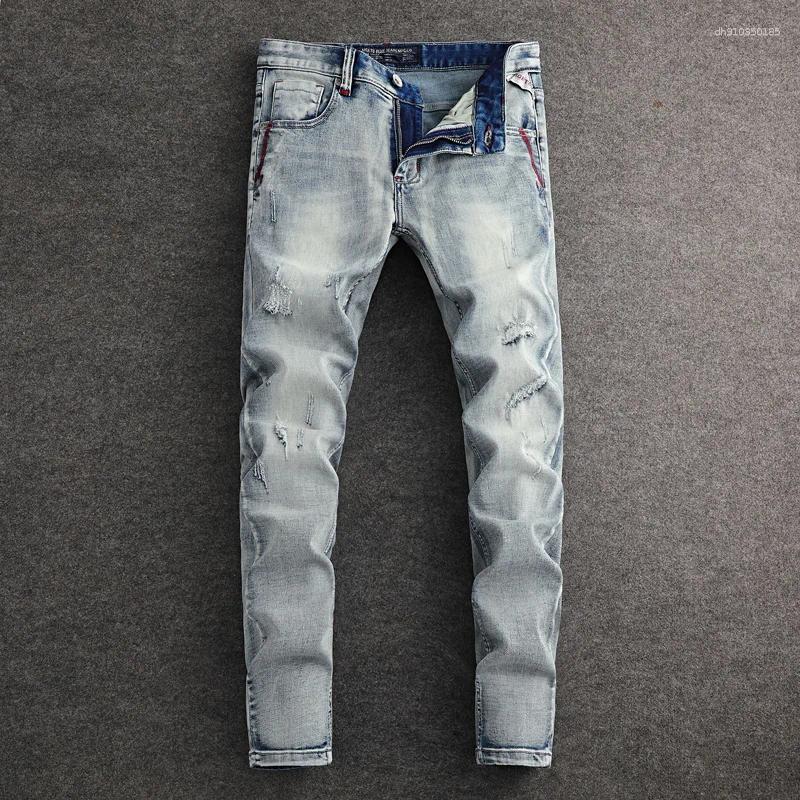 Men's Jeans Fashion Men High Quality Retro Black Gray Stretch Slim Fit Ripped Y2K Embroidery Vintage Denim Pants