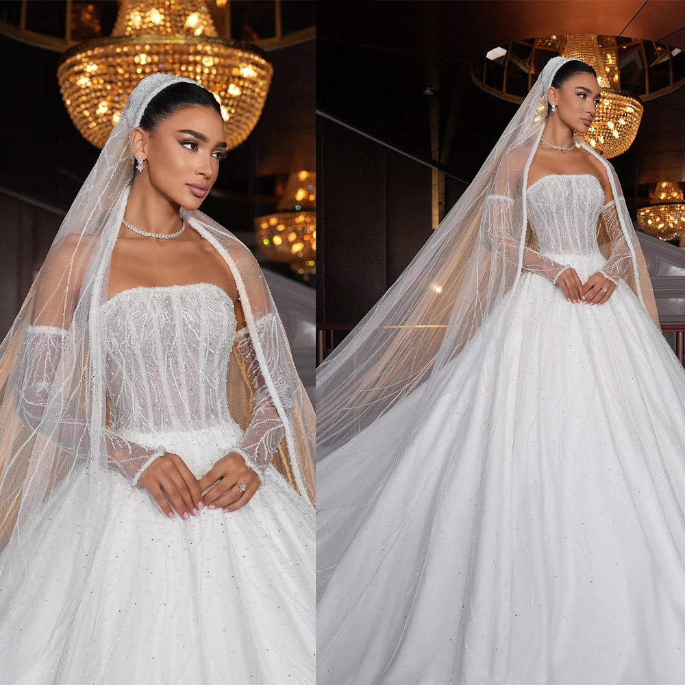 Vintage A Line Women Wedding Dress Strapless Neck Removable Sleeves Bridal Gowns Sequins Court Train Dress Custom Made vestidos de novia