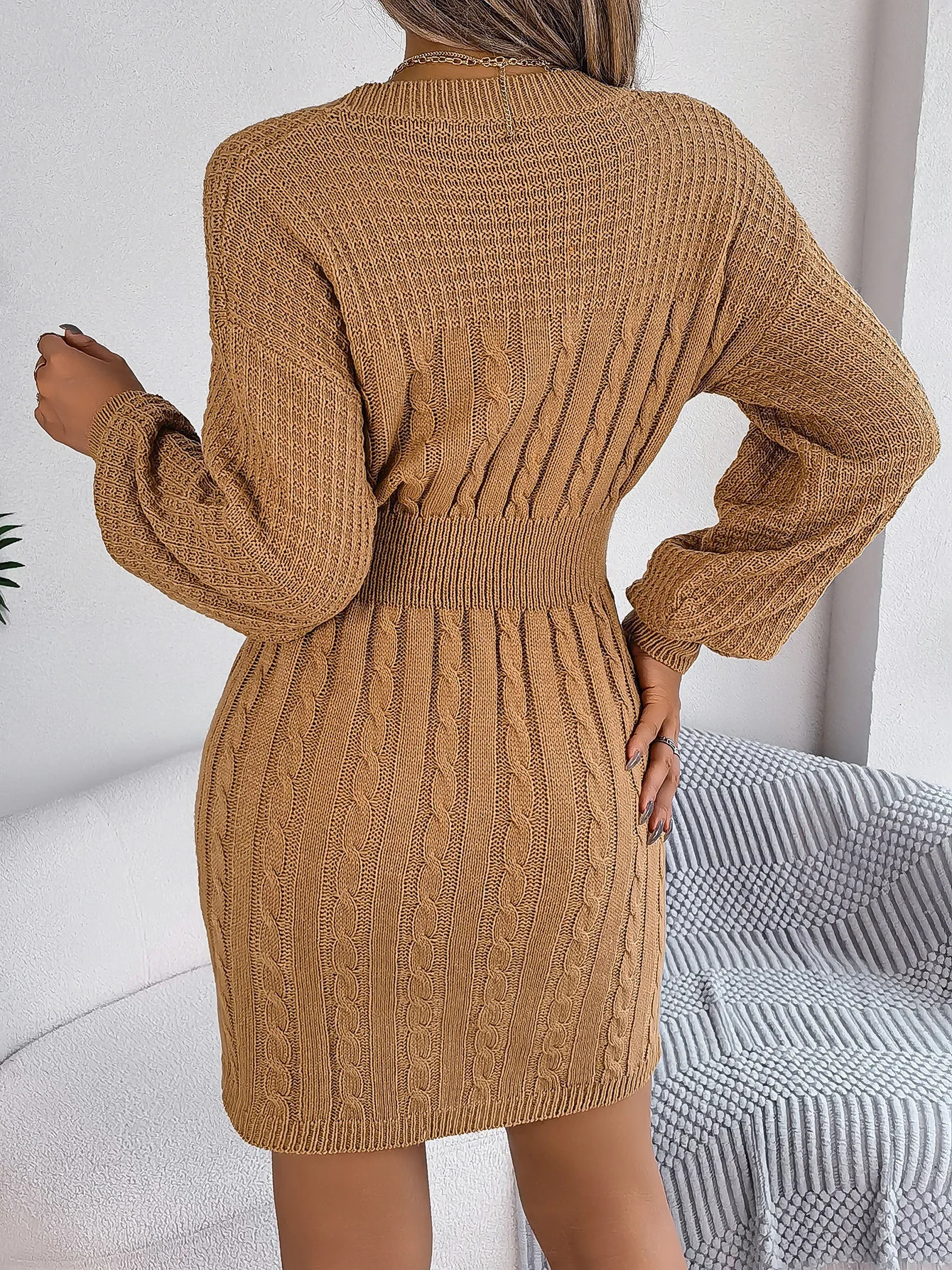 Autumn Winter Solid Color Woolen Dress ONeck Lantern Sleeve Hollow Out Knitted Dresses for Women Fashion Casual Vestidos 251027