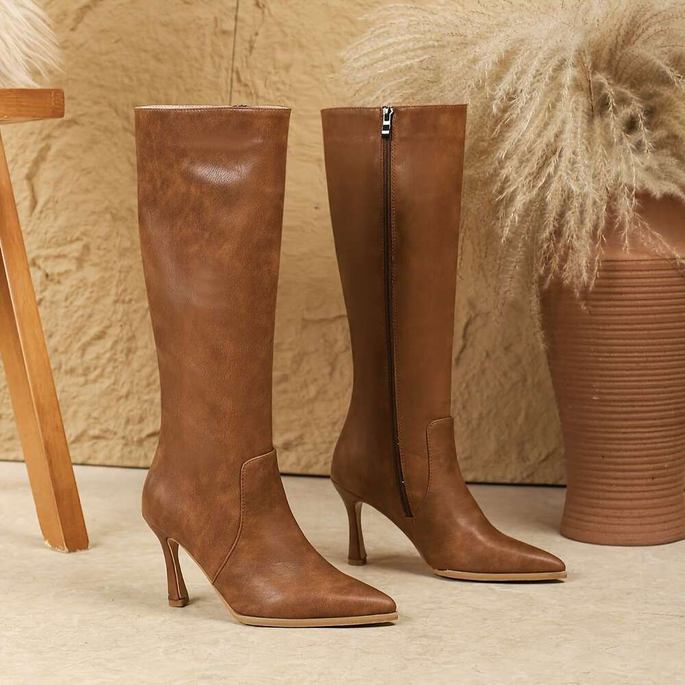 Elegant Brown British Style Ladies' Autumn Boots - Soft Cover, Pointed Toe, Slimming, High-End Versatile Fashion With Coat, Ideal For Banquets An
