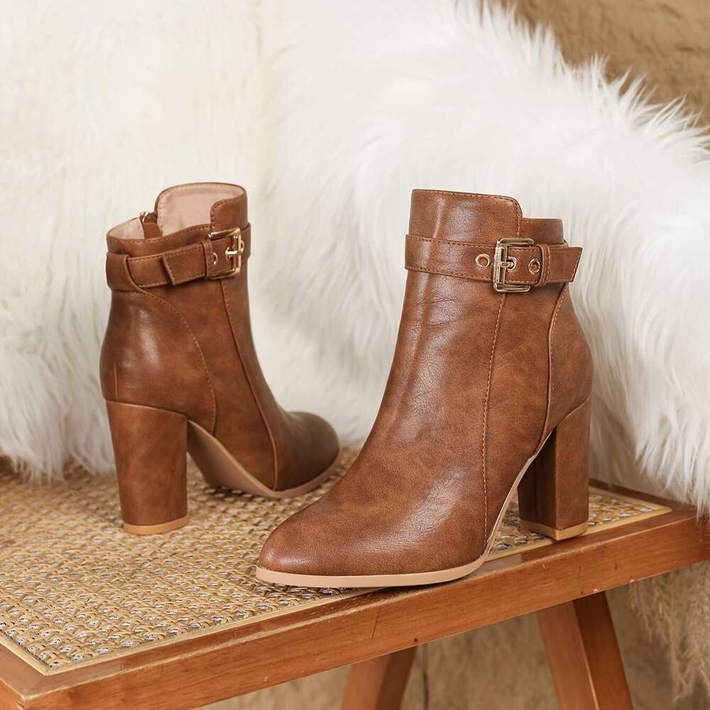 Ladies' Autumn Winter New Style French Matching Coat European And American British Retro Brown Thick Heel Pointed Buckle Korean Version High-End 