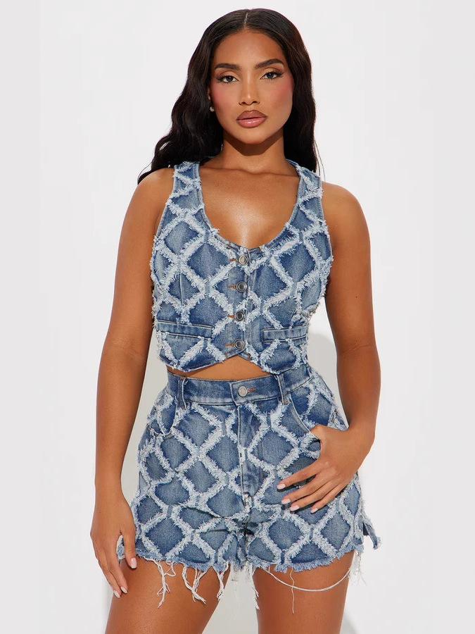 womens european american style cotton blend denim jacket with matching pants set