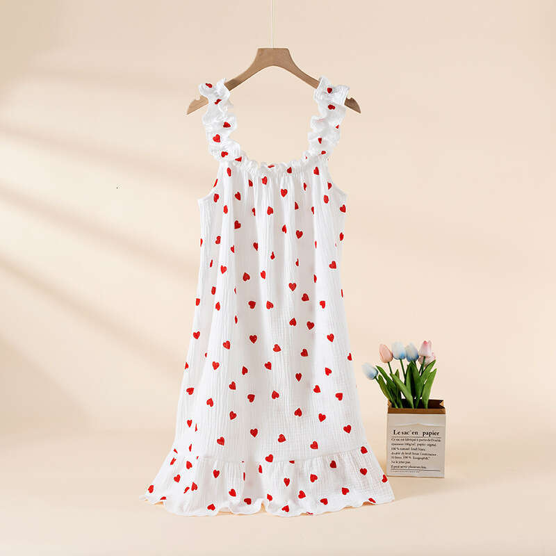 Nightdress for Women Summer Gauze Pure Cotton Thin Strap Nightgown Loose Mid-Length Sweet Cute Long Dress Homewear