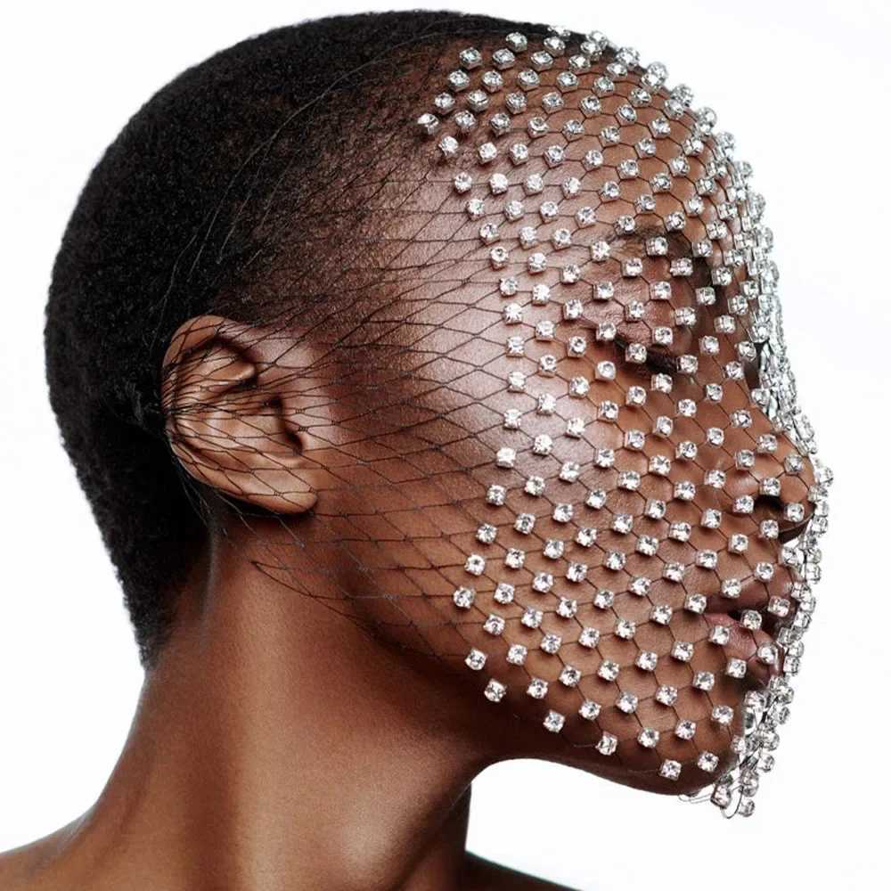 Stonefans Shining Mesh Fishing Net Masquerade Rhinestone Face Jewelry Mask Women Veil Crystal Face Shield Nightclub AccessoriesW251029