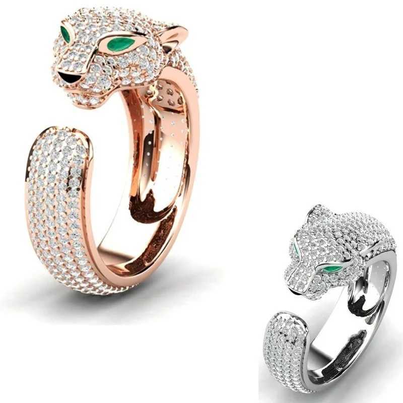 Leopard Panther Head Opening Ring Inlaid Rhinestone Finger Ring For Unisex Wedding Engagement Hip Hop Party JewelryW251030