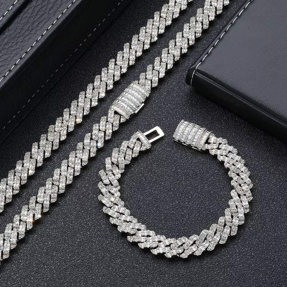 NUOYA 10mm Gold Plated Prong Cuban Link Chain Bracelet with Iced Out Baguette moissanite Diamond Hip Hop Punk Jewelry for Women and Men Designer'