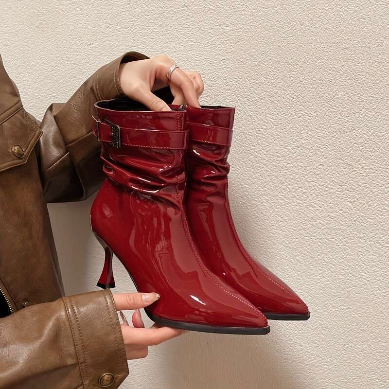 1Pr Elegant Solid Color Ankle Boots For Women Pointed Toe Stiletto High Heels With Side Zipper, Man-Made Upper, Fabric Lining, Rubber Sole - Fashionab