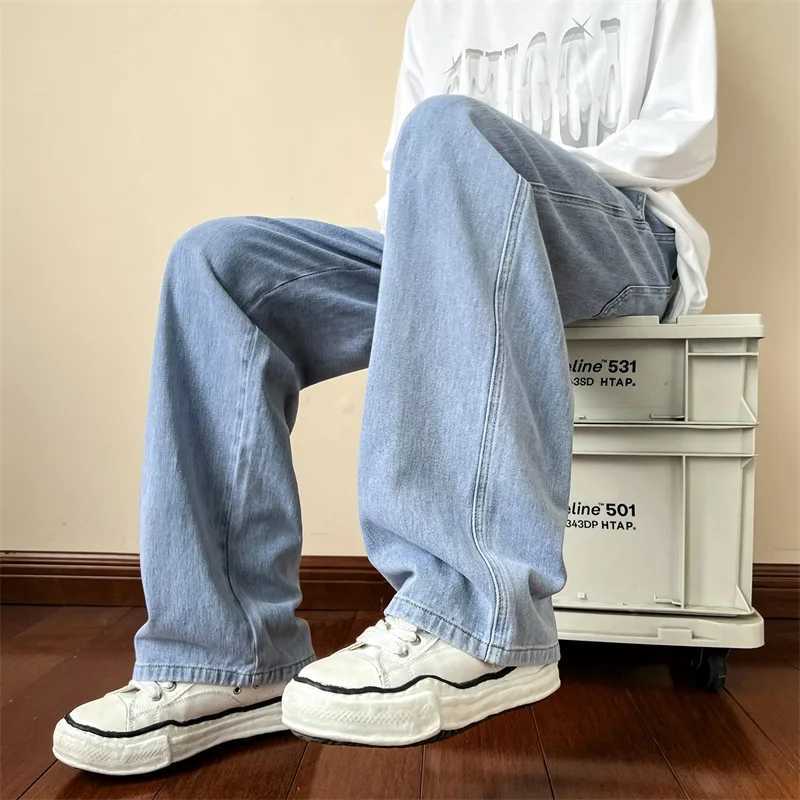New Korean Fashion Mens Baggy Jeans High Street Man Straight Denim Wideleg Pants Hip Hop Bagy Light Blue Grey Black J251030