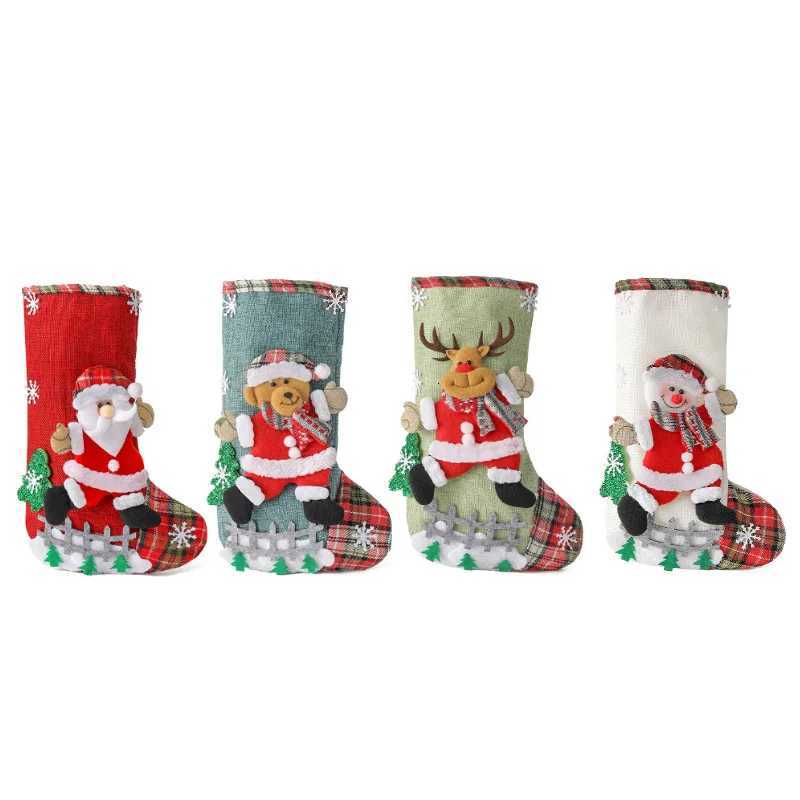 30CM Linen Christmas Gift Stockings 3D Santa Claus Elk Knitted Hanging Decorative Stocking Candy Bag for Christmas Party C251030