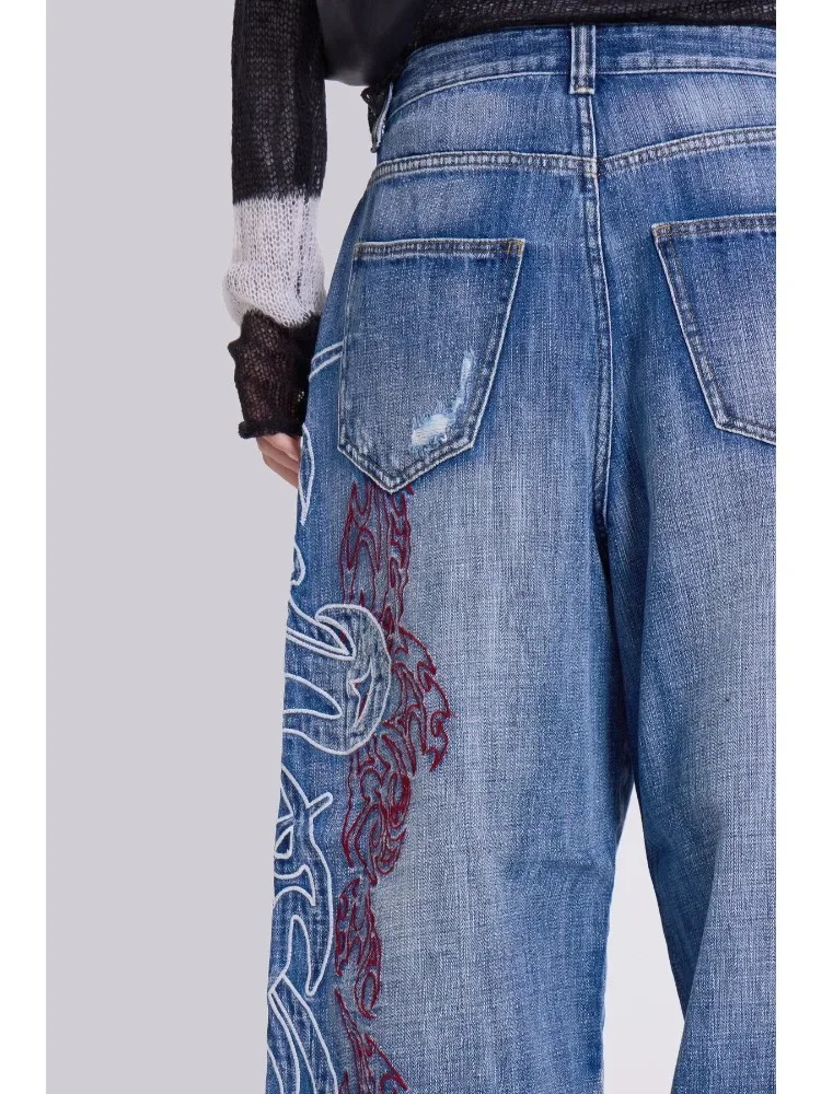 HOUZHOU Y2k Graphic Embroidery Vintage Women Jeans Oversized Hip Hop American Style Streetwear Wide Leg Denim Trousers Harajuku 251029