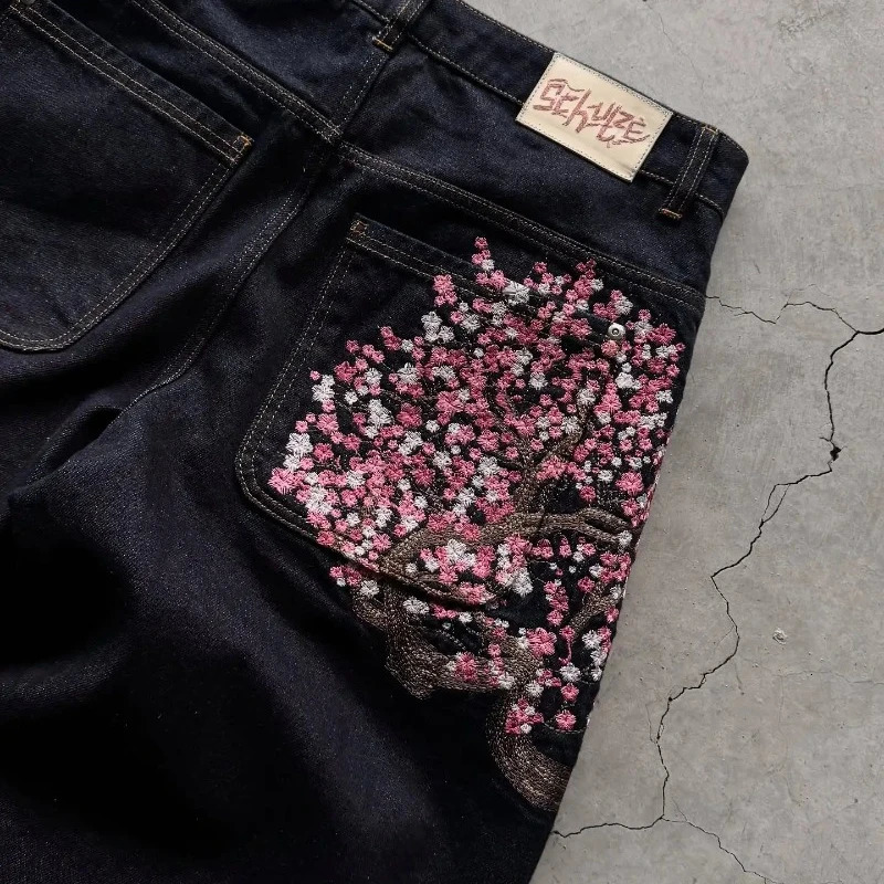 Y2K Baggy jeans Cherry Blossom Selvedge Embroidery Denim Pants men women denim fabric American Hiphop Streetwear Wide Leg Jeans 251029