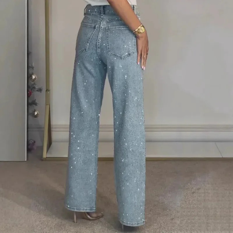 Women Jeans Straight Diamonds Pants Stretch High Waist Washed Mom Jeans Y2k Streetwear Trousers Vintage Denims Streetwear 251029