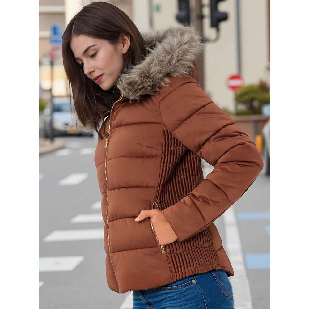 Women S Lightweight Quilted Hooded Jacket With Detachable Faux Fur Hood Golden Metal Zipper Side Gathers Hine Washable Regular Fit Coat For Fall Winte
