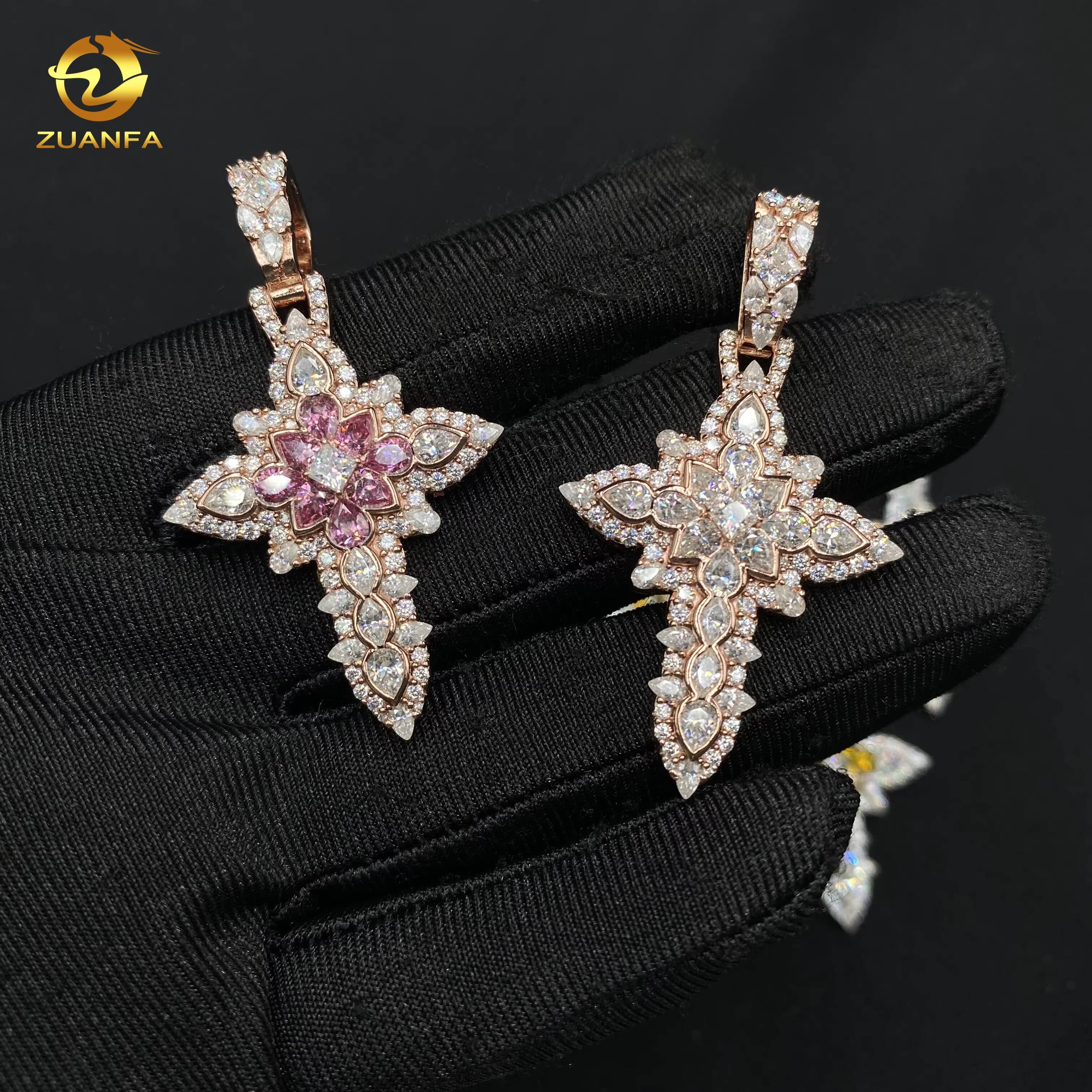 Pear Cut Iced Out Custom Colored Diamond Hip Hop Jewelry Pendant Cross Shape Flower 925 Sterling Silver VVS Moissanite Pendant