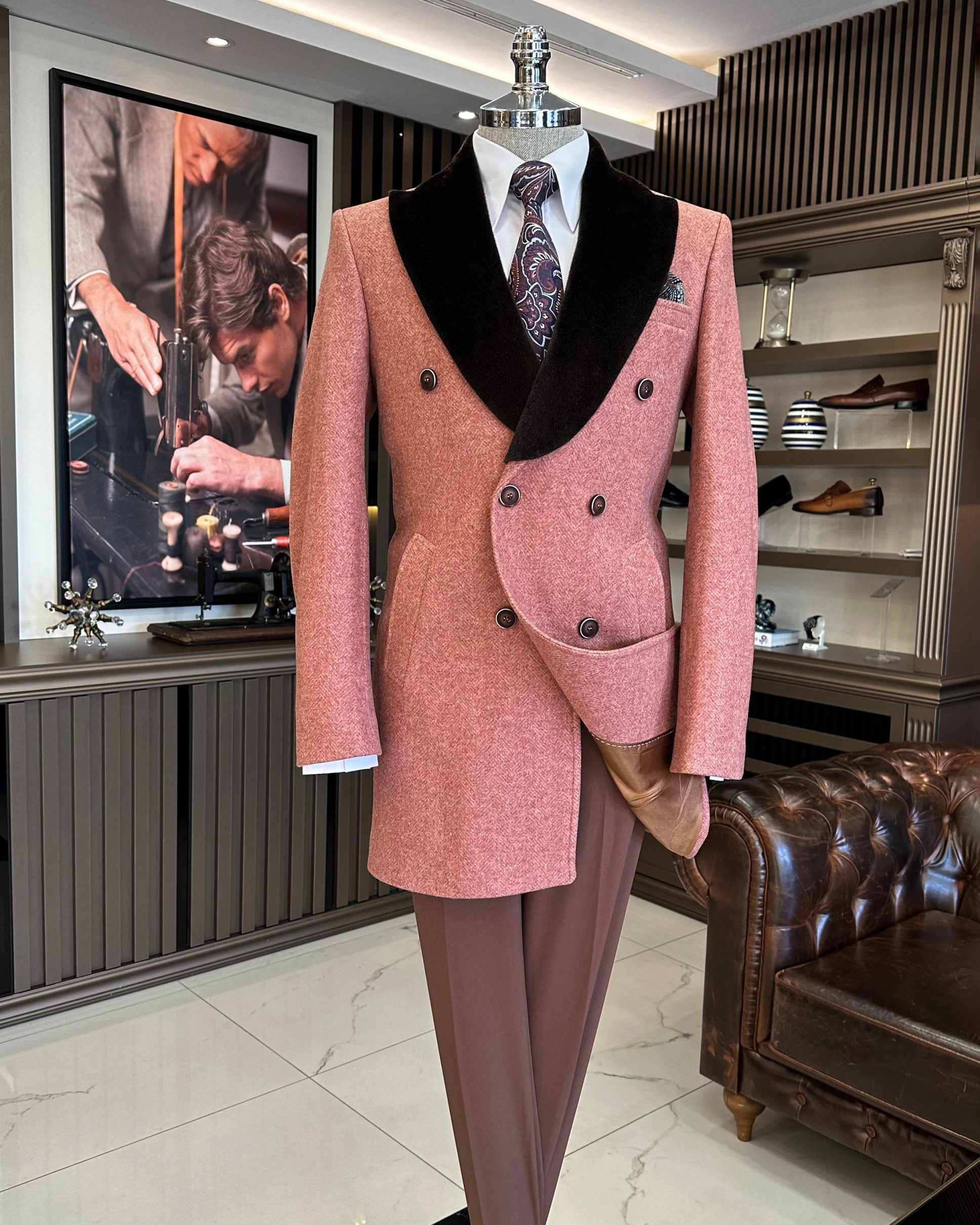 England Style Men Overcoat 1 Piece Double-Breasted Long Coat Casual Autumn Winter Street Outdoor Warm Customized