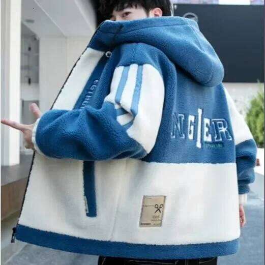 Men's Thickened Lamb Veet Jacket Winter Hooded Particle Cotton Clothes Student Fashion Brand Inner Fleece Coat