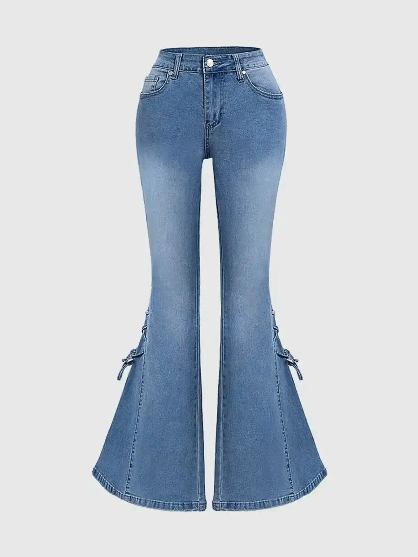 Y2k Jeans For Woman Medium Rise Elastic Bodycon Tied Bow Flare Pants Vintage Style Stretchy Denim Trousers 251029