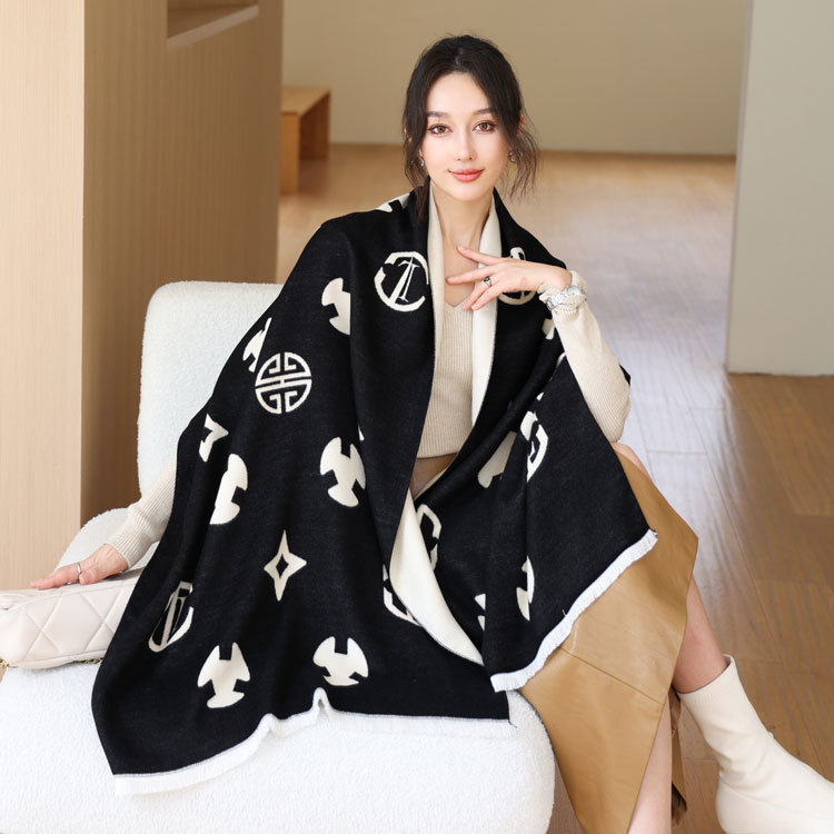 Women s Classic Letter Pattern Scarf Black And White Card Color Imitation Cashmere Shawl Scarf Versatile Fashion Accessories For Autumn And Winter Wea