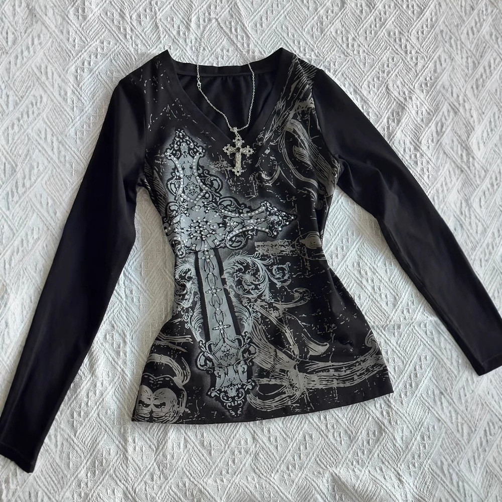 Designer clothing black printed T-shirt women's American retro spring new V-neck long sleeved waist slimming top