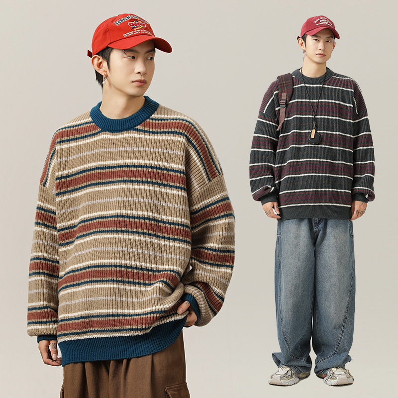 Designer Sweater Color Block Striped Crew Neck Sweater For Men Autumn And Winter Thick Knit Loose Fit Lazy Style Soft Pullover Knitwear Jacket