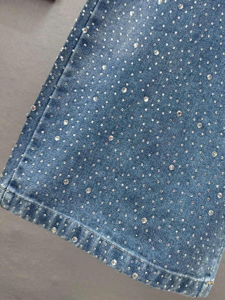 Vintage Fashion Womens Full Diamond Jeans High Waist With Belt Straight Wide Leg Denim Pant Female 2025 Autumn 251029
