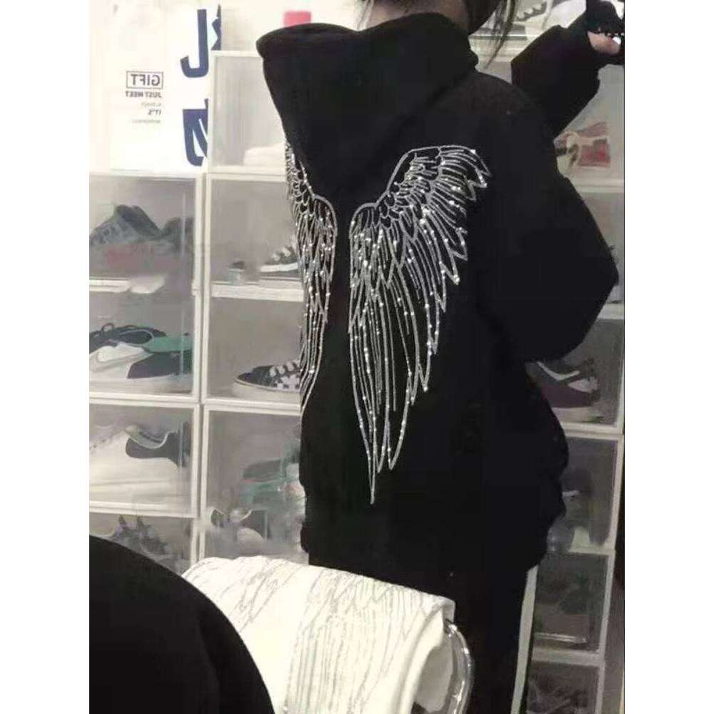 Warm Loose Baggy Sequin Rhinestone Hoodies Autumn And Winter Black Female Top Thick Cold Glitter Women's Hooded Sweatshirts Xxl