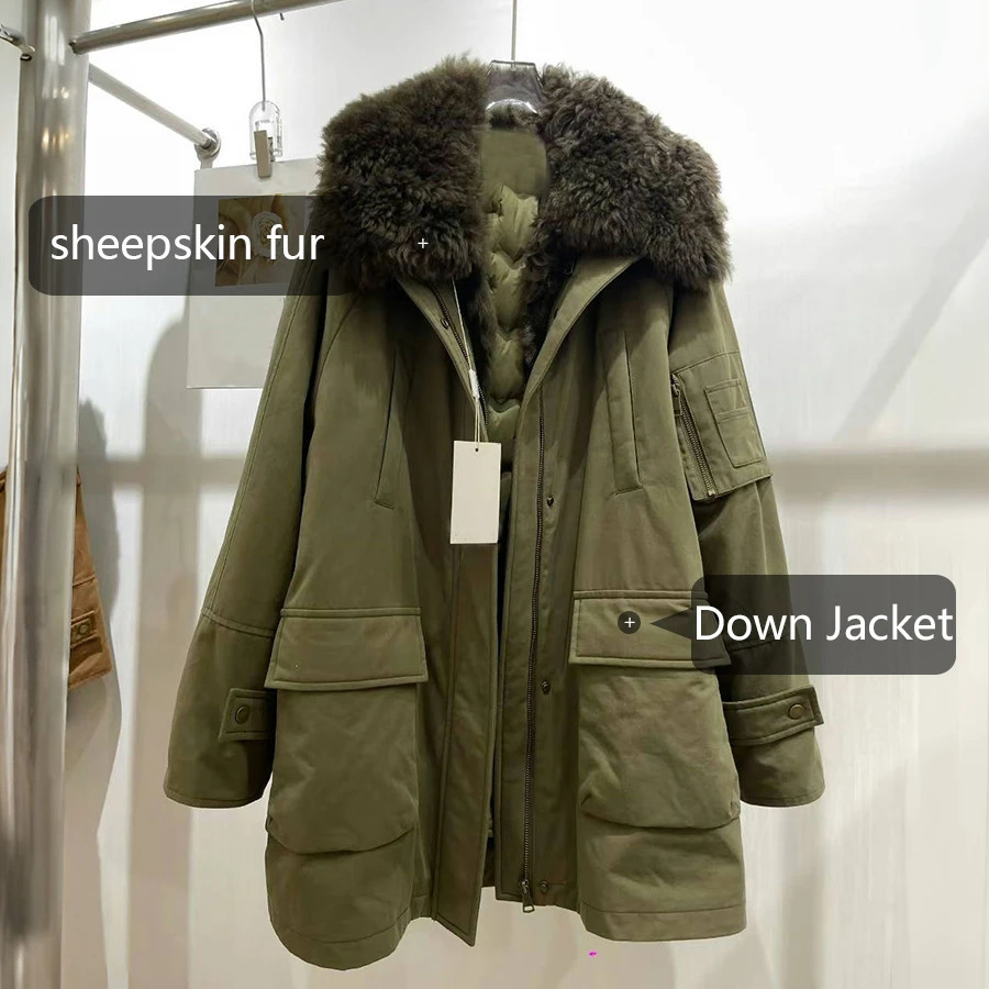 Womens MidLength Down Jacket With Lamb Fur Collar Sheepskin Jacket Natural Fur Puffer Jacket Selling Fur Jacket 251028