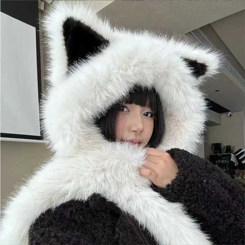 2024 New Womens Plush Fox Ear Bucket Hat ScarfIntegrated Warm Winter Cap with FaceFlattering DesignXJ251030