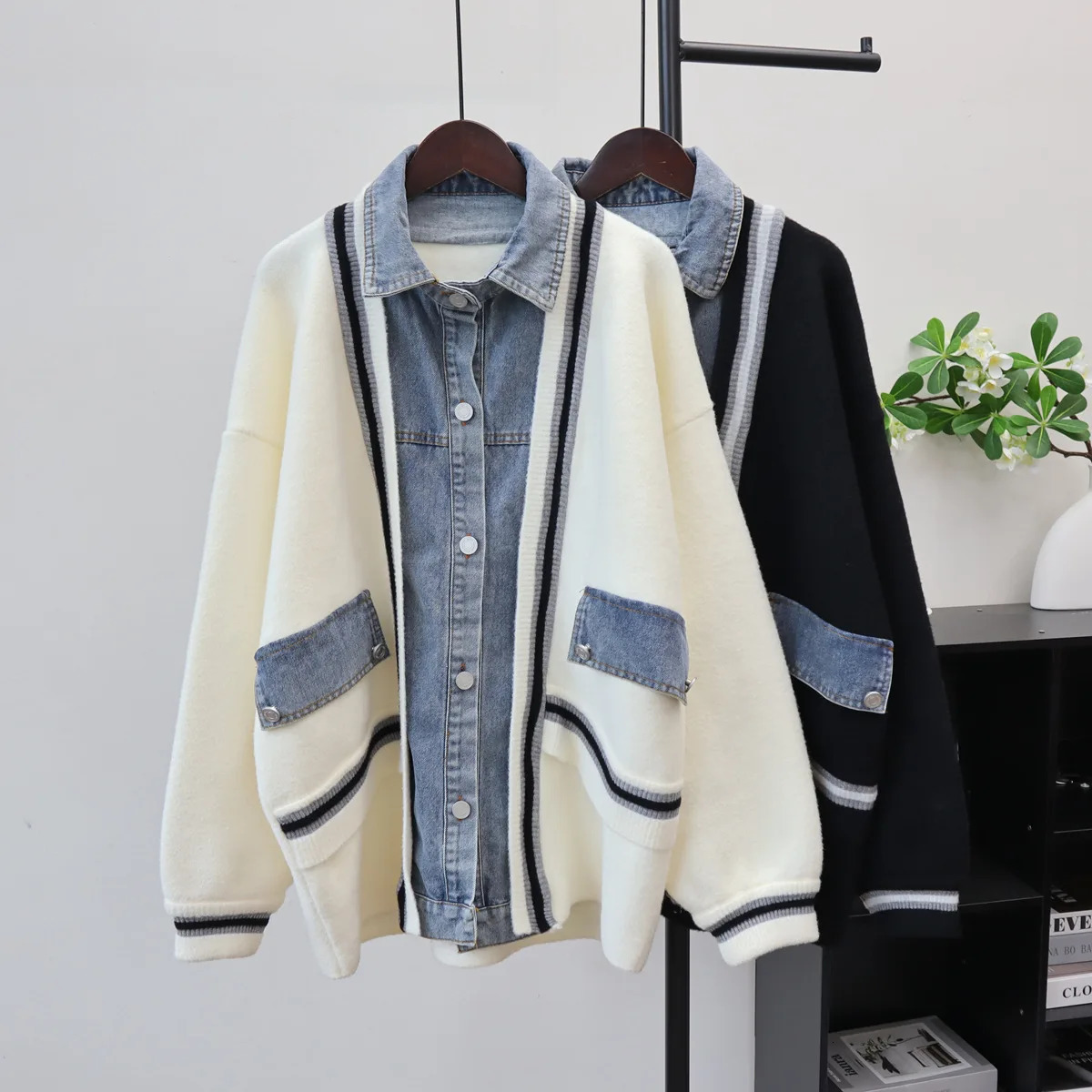 Women Knitted Spliced Cardigan Casual Jumpers Denim Patchwork Long Sleeves Single Breasted Thick Loose Office Lady 2025 Autumn 251029