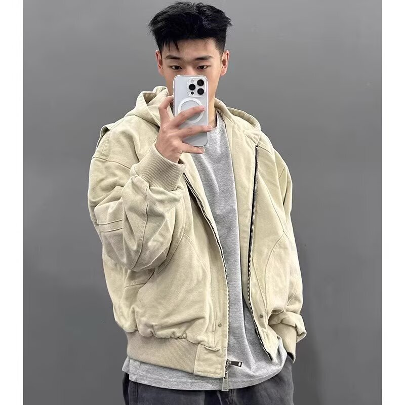 Khaki Short Jacket For Men Spring And Designer Jacket Autumn American Style Workwear Hooded Baseball Jacket High-end Feel Trendy Jacket