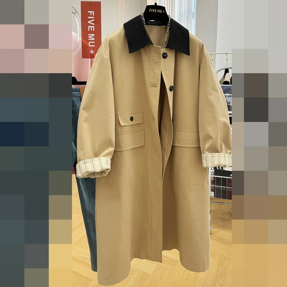 2025 highend contrasting color lapel long trench coat womens spring and autumn loose casual foreign style tooling jacket 251029