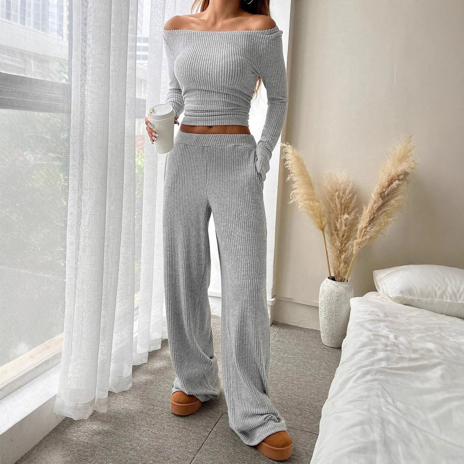 Basic Wide Leg Pants Leisure Suit Women Autumn Solid Long Sleeve Top Casual Loose Trousers 2 Piece Set tie Streetwear 251029