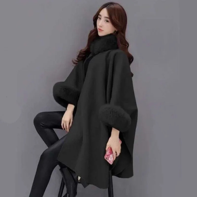 Hebe Style Thickened Woolen Coat for Women Autumn Winter MidLength Ladies with Rabbit Fur Collar Womens Clothing 251028